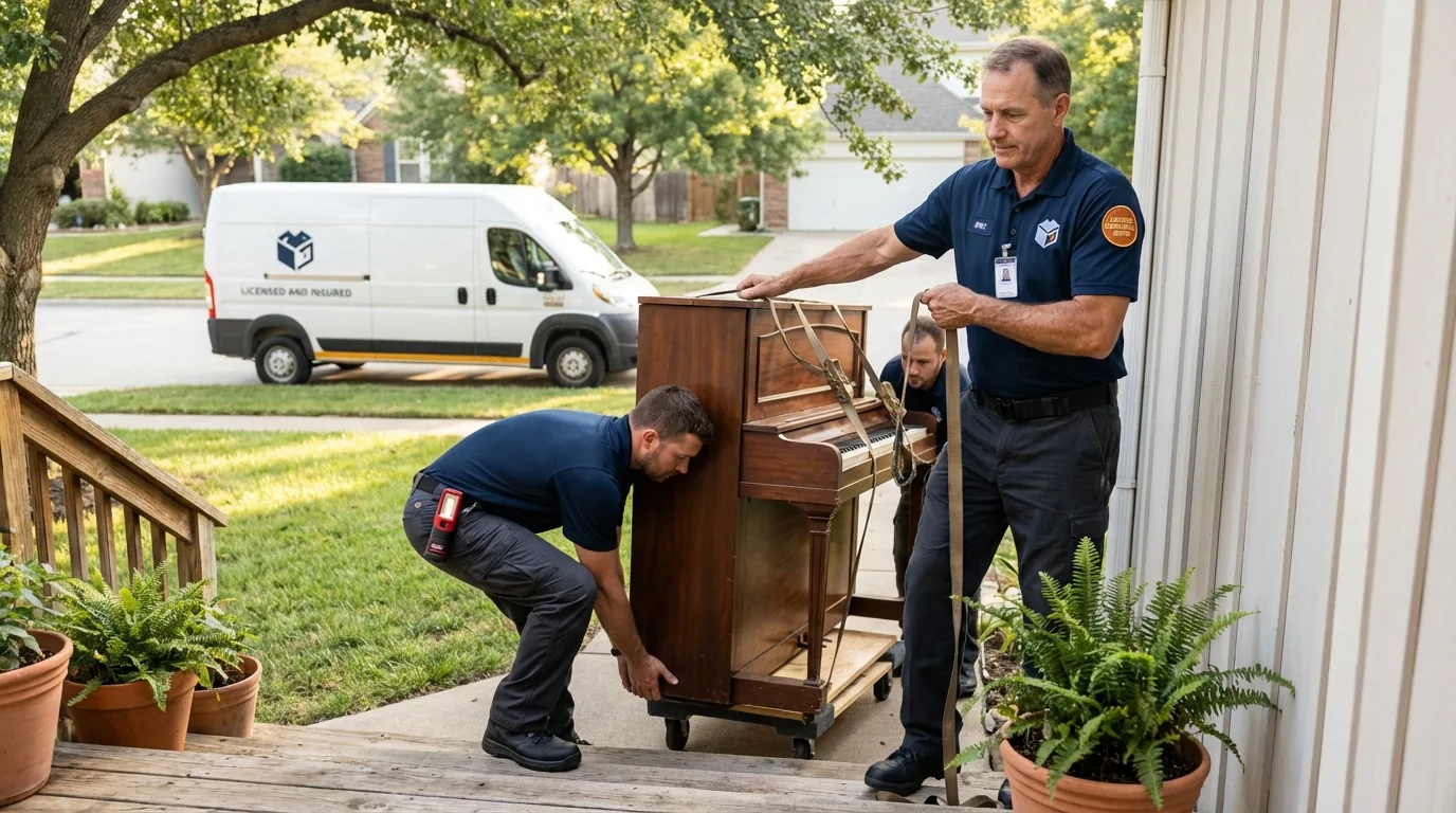 Licensed piano movers securing grand piano in Trumann, AR