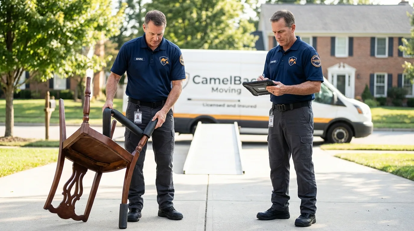 Movers inspecting furniture for damage prevention before loading in Trumann, AR