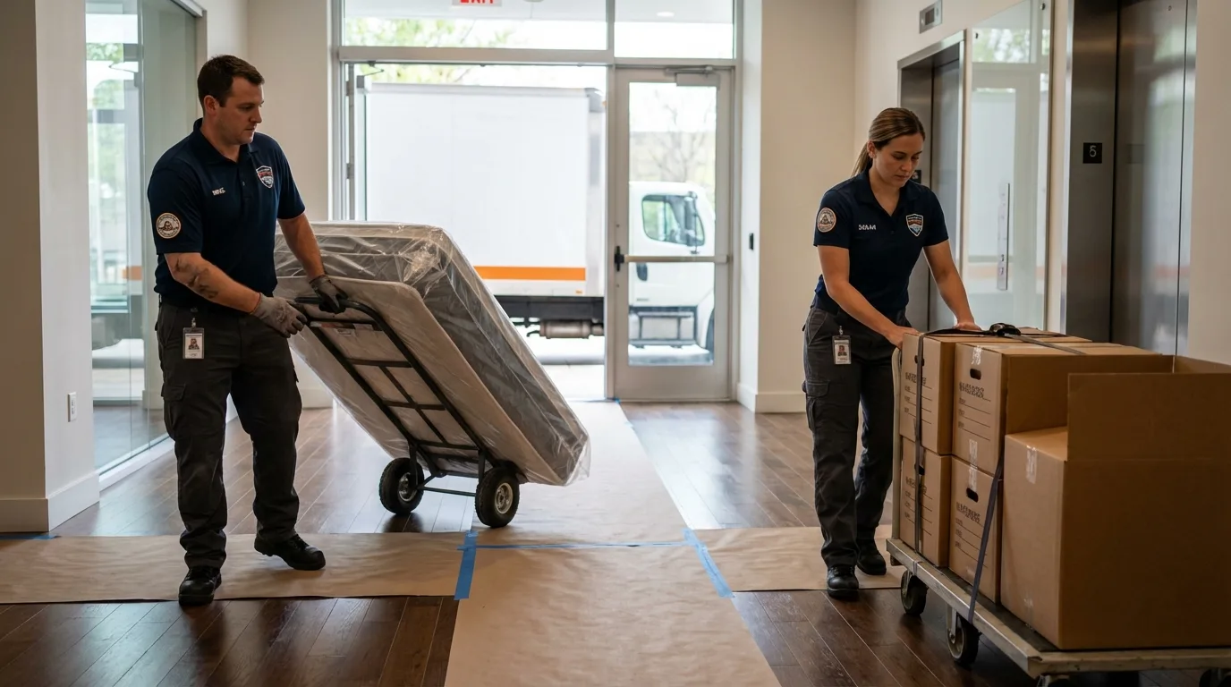 Professional apartment movers loading elevator in Trumann, AR