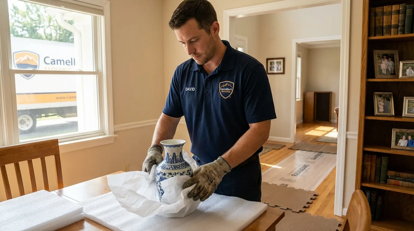 Professional crew carefully wrapping antique vase for senior downsizing move in Trumann, AR
